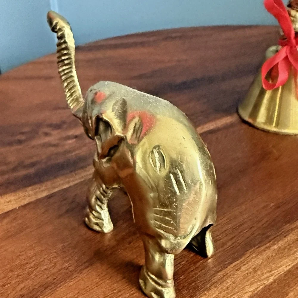 Lot of 2‎ Vintage Brass Elephants Figurine Bell Lucky Trunk Up Trinkets Mini